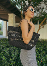 Load image into Gallery viewer, Black Lacework Basket - Brown Leather Handles